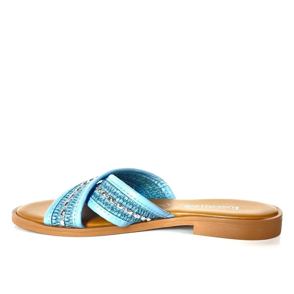 Toscanella Italian Sky Blue Embellished Boho Comfort Slide Sandals SZ 8.5